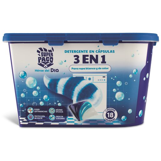 Detergente em Cápsulas Super Paco 3 em 1 18 lavagens 441g Detergente em Cápsulas Super Paco 3 em 1 18 lavagens 441g