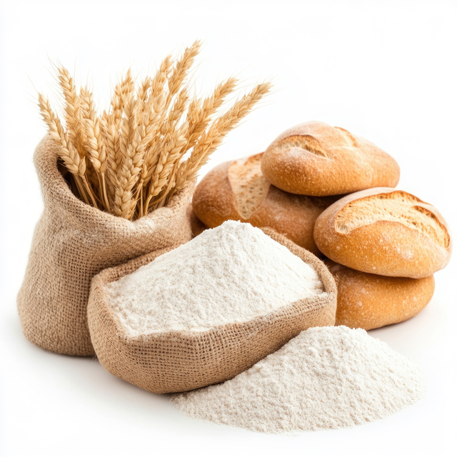 Fresh bread rolls, flour, and wheat sheaves in burlap sacks. isolated on white background. Fresh bread rolls, flour, and wheat sheaves in burlap sacks. isolated on white background.