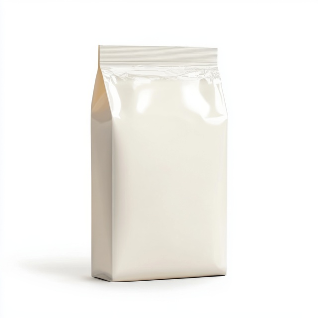 White packaging bag for flour or powdered products on a plain background in a studio setting White packaging bag for flour or powdered products on a plain background in a studio setting
