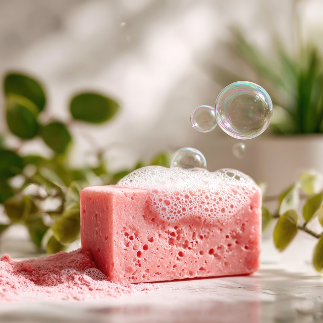 Pink bar soap with bubbles and powder Pink bar soap with bubbles and powder